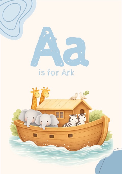 A is for Ark: an ABCs of the Bible card showing an ark with animals.